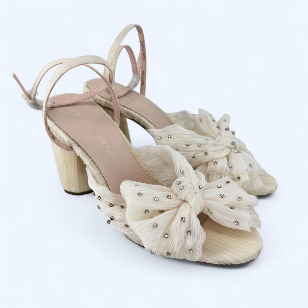 NWOT Loeffler Randall Camellia Pleated Knot Rhinestone Bow Block Heel Size 7.5